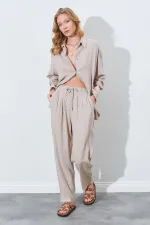 Kadın Koyu Bej Beli Lastikli Havuç Kesim Keten Pantolon