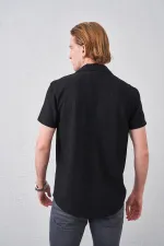 Erkek Siyah Kısa Kollu Ottoman Kumaş Apaş Yaka Gömlek