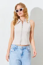 Gilet zippé beige à col chemise pour femme
