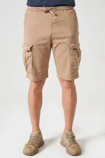 Erkek Bej Beli Ribanalı Örme Parça Boya Kargo Şort