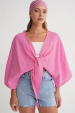 Kadın Pembe Yarasa Kol Ön Bağlamalı Gömlek