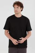 T-shirt noir à col rond en modal pour homme avec surpiqûres sur le devant