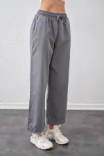 Kadın Gri Beli Bağlamalı Geniş Piş Dikişli Paça Pantolon