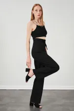 Kadın Siyah Yüksel Bel Deri Kemerli Poplin Pantolon