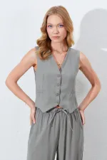 Kadın Haki Fleto Cepli Arkası Gipeli Yelek