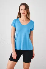 T-shirt bleu à col en V pour femme, coupe ample
