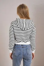 Women's Black Three-Thread Striped Hooded Crop Sweatshirt