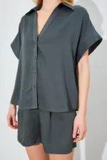 Kadın Açık Haki Oversize Düşük Kol Gömlek Şortlu Takım