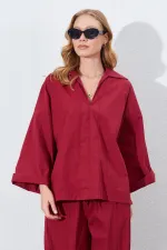 Chemise bordeaux pour femme, col en V profond, manches coudes, coupe ample