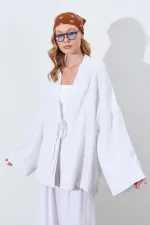 Kadın Naturel Önü İp Bağlamalı Kimone Ceket