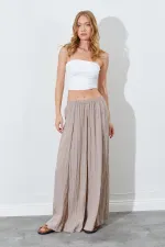 Kadın Vizon Beli Lastikli Bol Paça Kırışık Pantolon