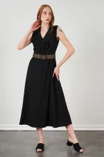 Kadın Siyah Yaka Fırfırlı Önü Düğmeli Kolsuz Poplin Kumaş Uzun Elbise