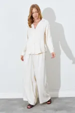 Kadın Krem Beli İnce Lastik Detaylı Saten Pantolon