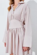 Kadın Bej Beli Oturtmalı Gömlek Yaka Elbise