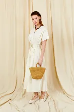 Kadın Ekru 199 Düşük Kol Pile Detaylı Önü Düğmeli Poplin Elbise