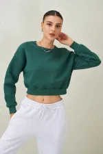 Women's Navy Blue Crew Neck Three-Thread Oversize Crop Sweatshirt