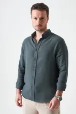 Erkek Çam Yeşili Uzun Kol Regular Basic Müslin Gömlek