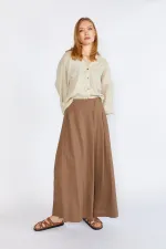 Kadın Kahve Anvelop Model Keten Pantolon