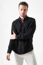 Erkek Siyah Uzun Kol Regular Basic Müslin Gömlek