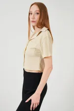 Kadın Taş Bürümcük Tek Cep Crop Gömlek