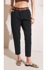 Kadın Siyah Beli Kemerli Gabardin Havuç Pantolon