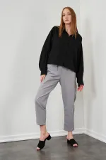 Kadın Gri Beli Bağlamalı Havuç Paça Poplin Pantolon