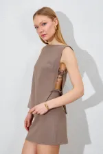 Kadın Vizon Yandan Bağlamalı Poliviskon Bluzlu Etekli Takım