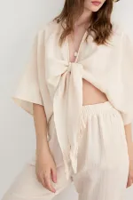 Kadın Taş Yarasa Kol Ön Bağlamalı Gömlek