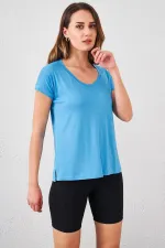 T-shirt bleu à col en V pour femme, coupe ample