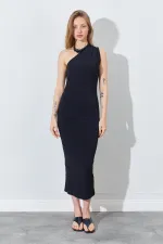 Kadın Siyah Tek Omuz Yanı Drapeli Sandy Elbise