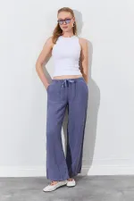 Women's Grey Linen Wide Leg Trousers with Drawstring Waist and Side Pockets