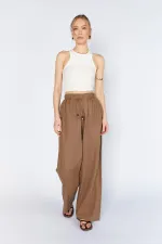 Kadın Kahverengi Bol Paça Dışarıdan Cepli Keten Pantolon