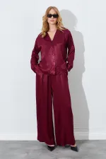 Kadın Bordo Beli İnce Lastik Detaylı Saten Pantolon