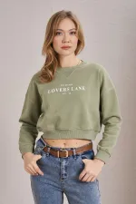 Women's Olive Crew Neck Lovers Lane Print Three-Thread Crop Sweatshirt