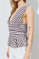 Kadın Kahve Önü Arkası V Beli Drapeli Peplum Bluz