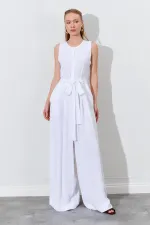 Kadın Beyaz Kolsuz Kuşak Bağlamalı Double Paça Tulum