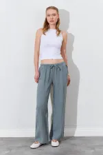 Women's Khaki Linen Wide-Leg Trousers with Drawstring Waist and Side Pockets