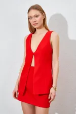 Kadın Nar Kopça Detaylı Yelekli Etek Kumaş Takım