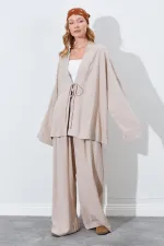 Kadın Koyu Bej Önü İp Bağlamalı Kimone Ceket