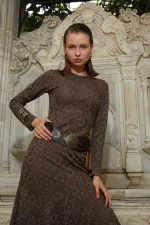 Kadın Kahve Bisiklet Yaka Desenli Volanlı Elbise(111)