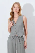 Kadın Haki Fleto Cepli Arkası Gipeli Yelek