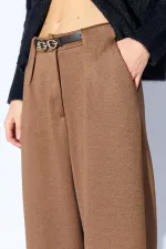 Kadın Kahve İçten Kemerli Bol Paça Yün Efekt Pantolon