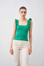 Kadın Benetton Yeşil Kolları Fırfırlı Kolsuz Kaşkorse Bluz