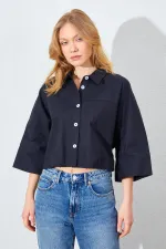 Kadın Siyah Düşük Kol Çımalı Crop Poplin Gömlek