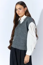 Kadın Antrasit V Yakalı Basic Süveter