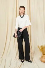 Women's Black 3522 Loose Fit Trousers with Side Buckle