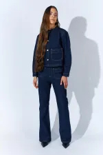 Kadın Rins Yıkama Bisiklet Yaka Cepli İspanyol Pantolonlu Jean Takım