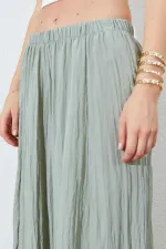 Kadın Çağla Beli Lastikli Bol Paça Kırışık Pantolon