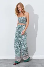 Kadın Haki Croplu-Palozzo Pantolonlu Desenli Takım