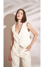 Gilet boutonné pour femme en gabardine à chevrons naturels